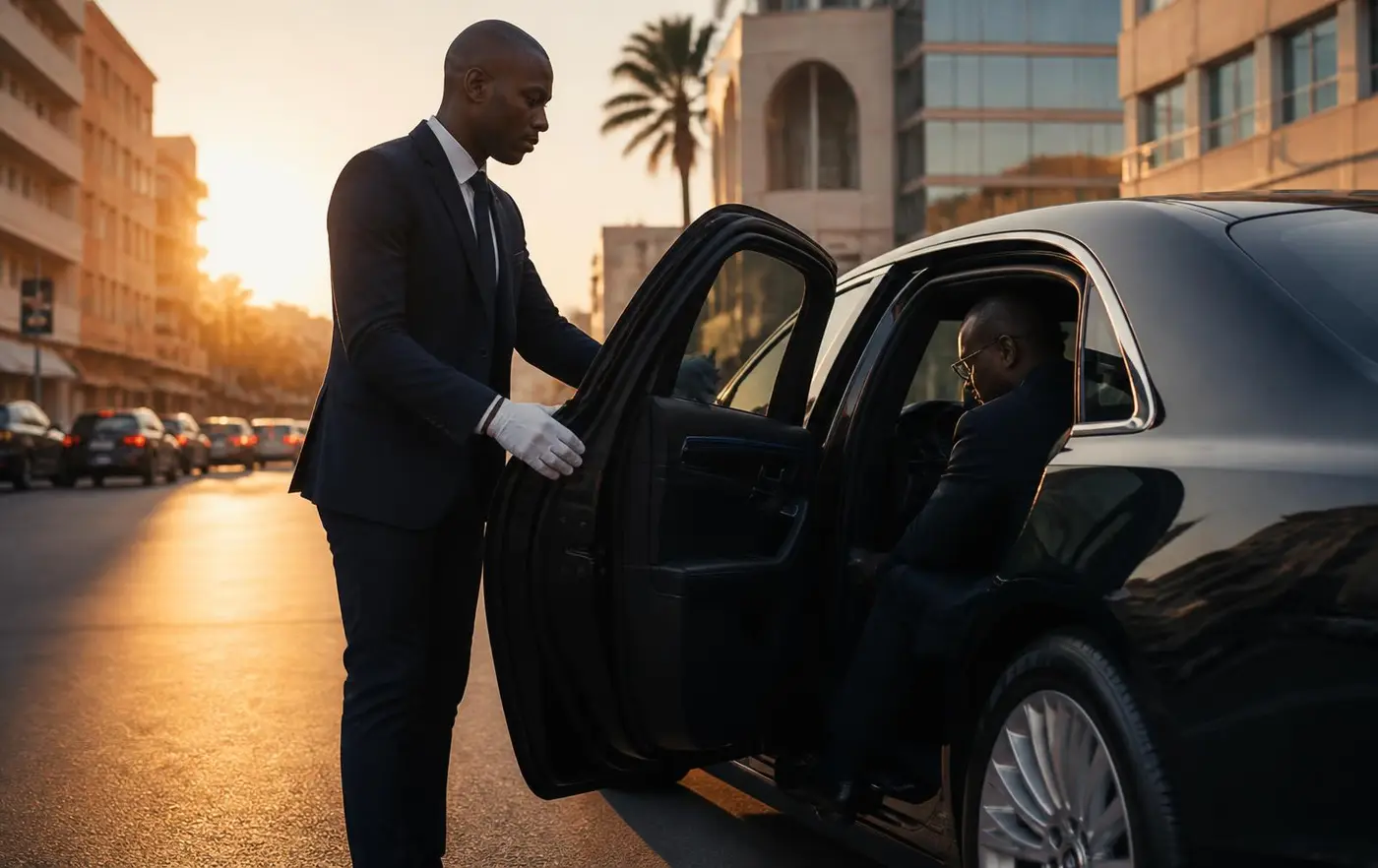 Chauffeur professionnel ouvrant la portière d'une berline à Dakar