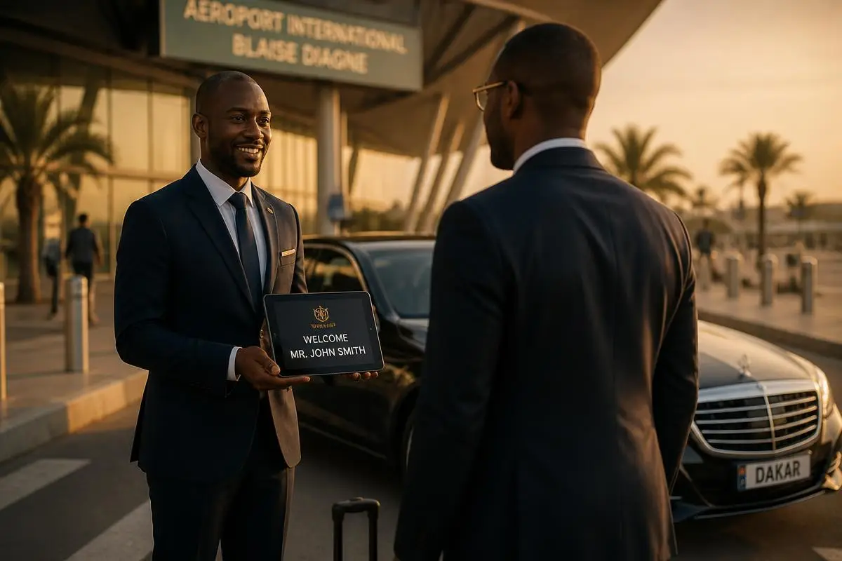 Représentant I-Teranga accueillant un voyageur à l'aéroport de Dakar avec une pancarte nominative et une berline noire en arrière-plan